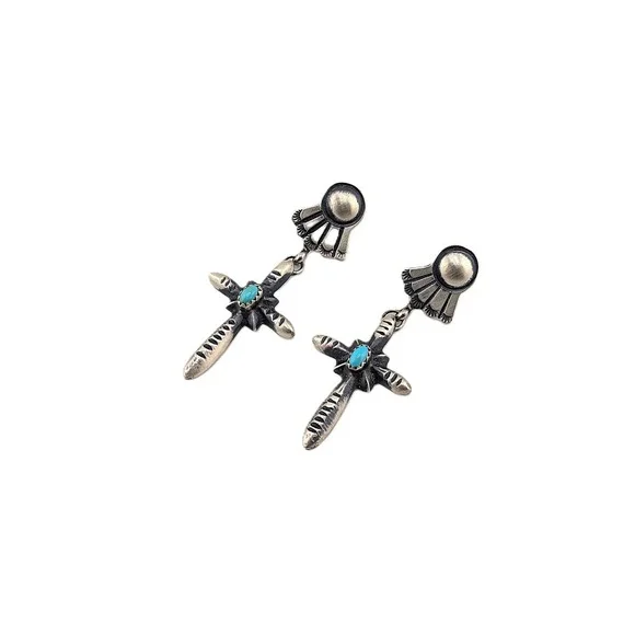 Native Am Earrings Navajo Iodize Sterling Silver Cross Turquoise Jewelry** - Picture 9 of 9